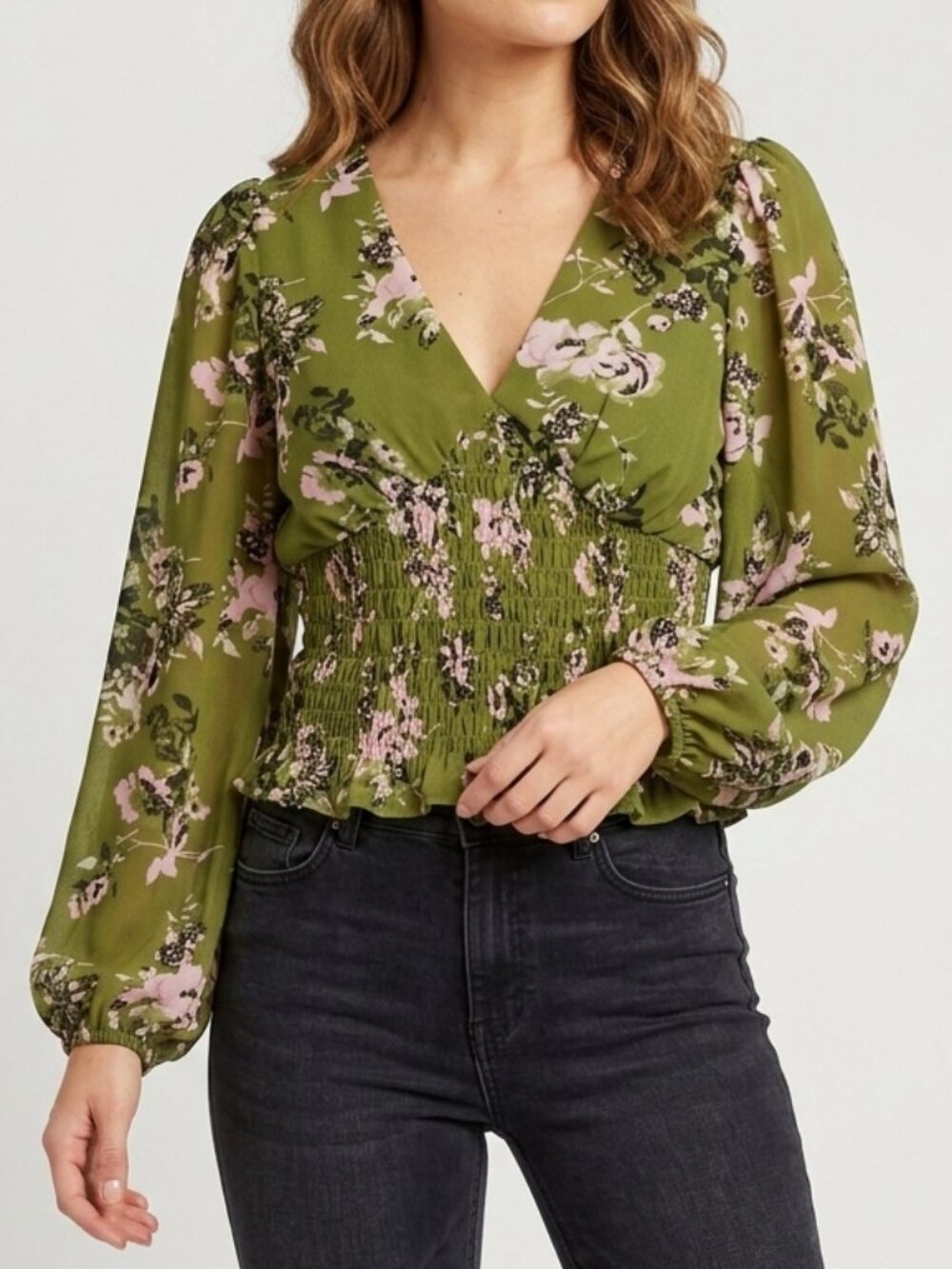 Kaffe KAvita Chiffon Blouse Green Floral Smocked Deep V-Neck Balloon Sleeve Sz M